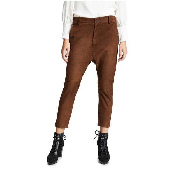 Nili Lotan 8 Goatskin Suede Paris Pants Drop Crotch Slouchy Leather Cognac Brown - Picture 14 of 16